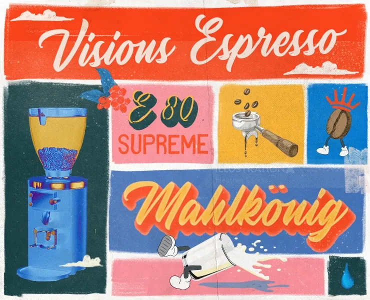 Illustration of espresso grinder, coffee maker, and coffee beans with colorful text