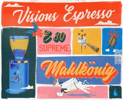 Illustration of espresso grinder, coffee maker, and coffee beans with colorful text
