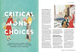 Couples discussing money choices in marriage with city background