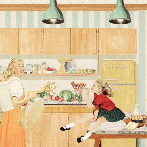 Retro kitchen scene with mother and daughter baking together