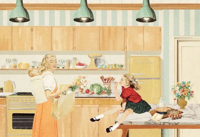 Retro kitchen scene with mother and daughter baking together