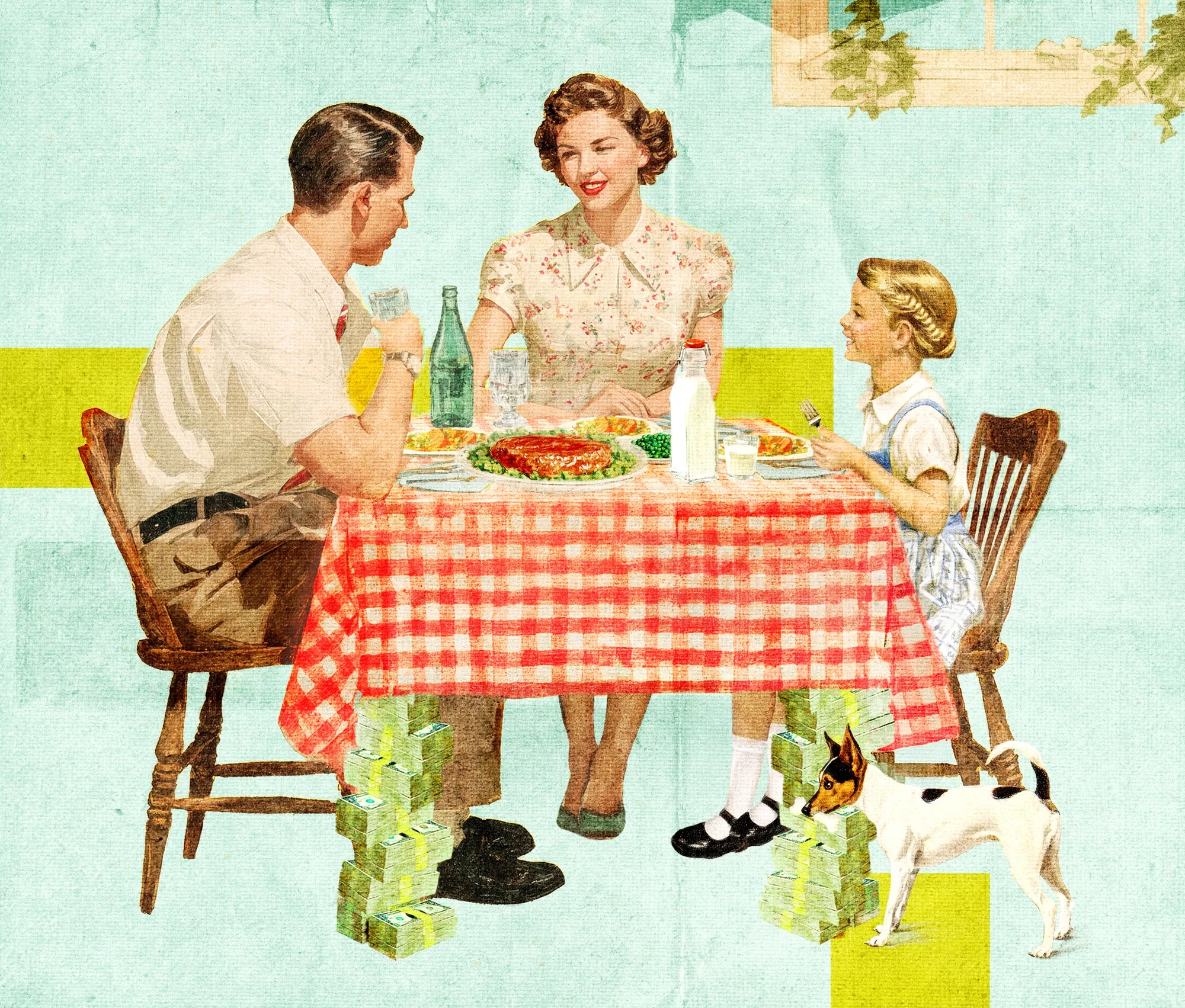 Family having dinner with money growing under table by Heather Landis