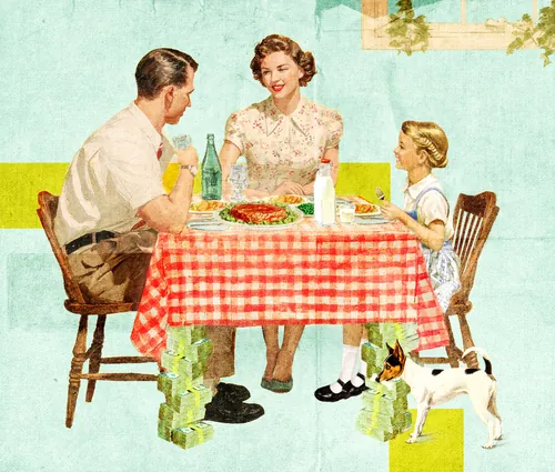 Family having dinner with money growing under table by Heather Landis