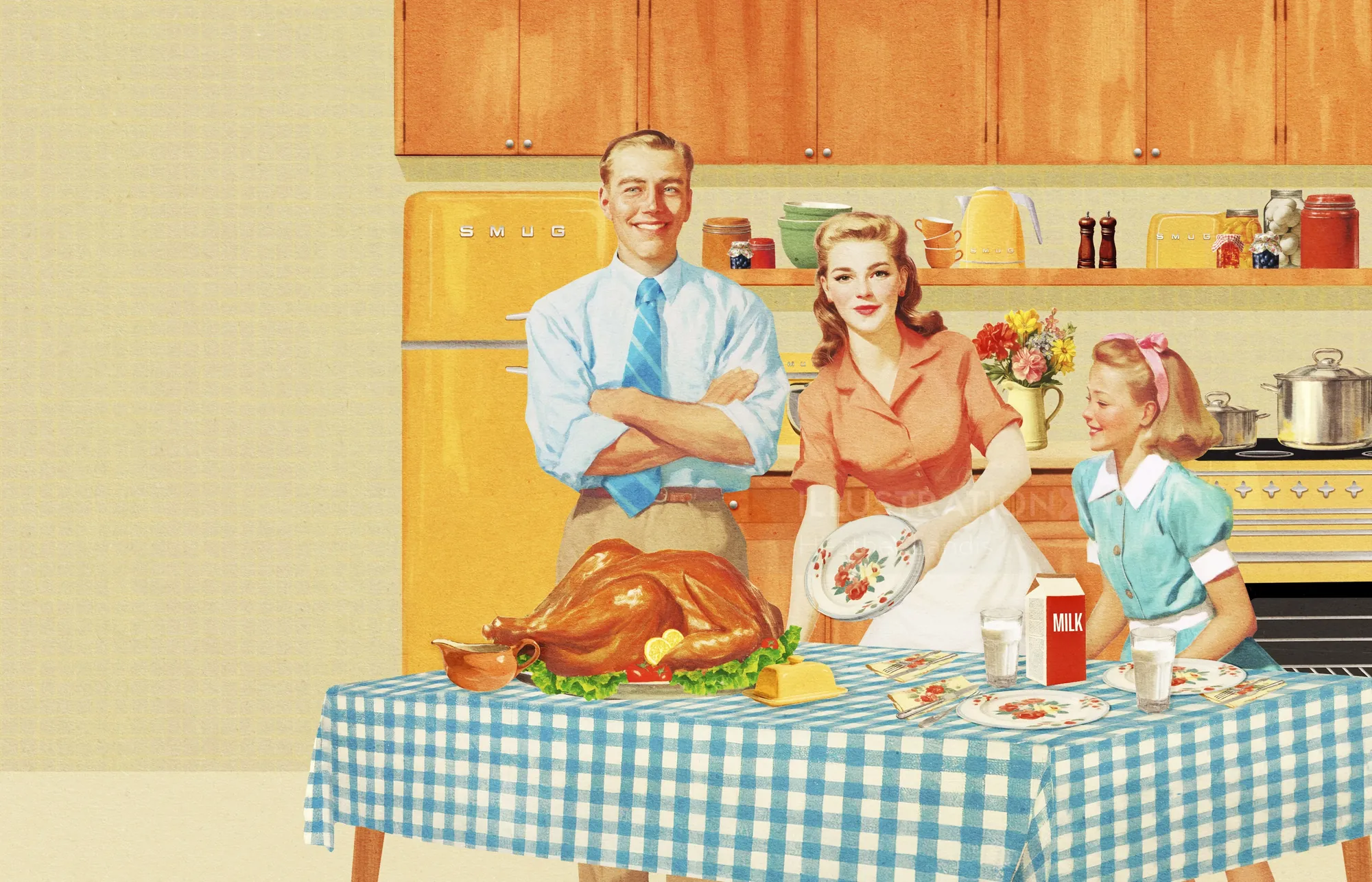 1950s style family preparing Thanksgiving dinner in kitchen by Heather Landis