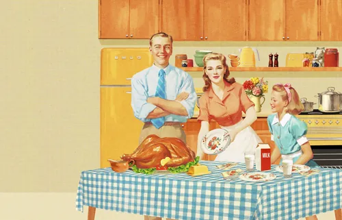 1950s style family preparing Thanksgiving dinner in kitchen by Heather Landis