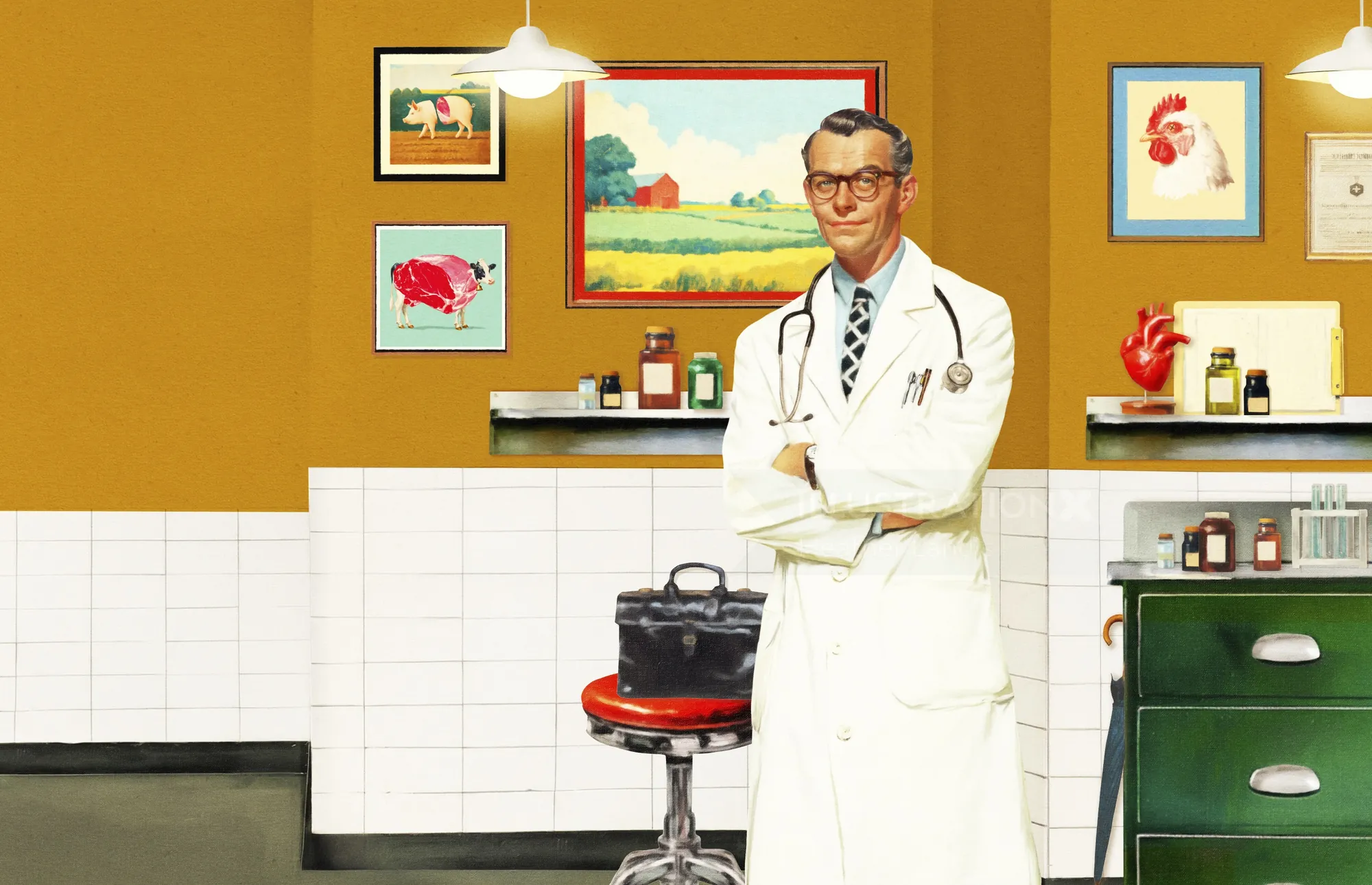 Doctor in white coat in vintage medical office by Heather Landis