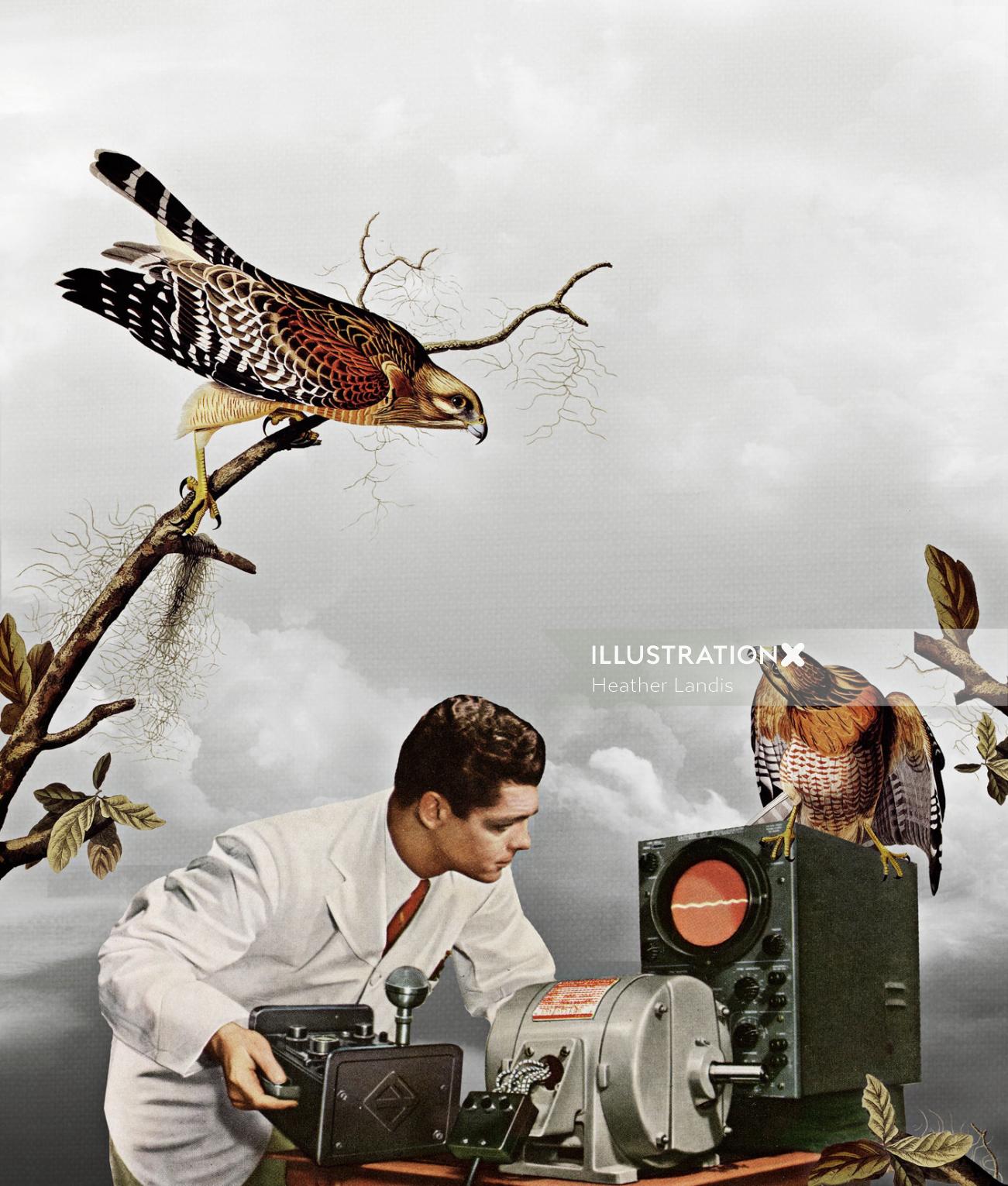 Man listening to birds beat illustration by Heather Landis