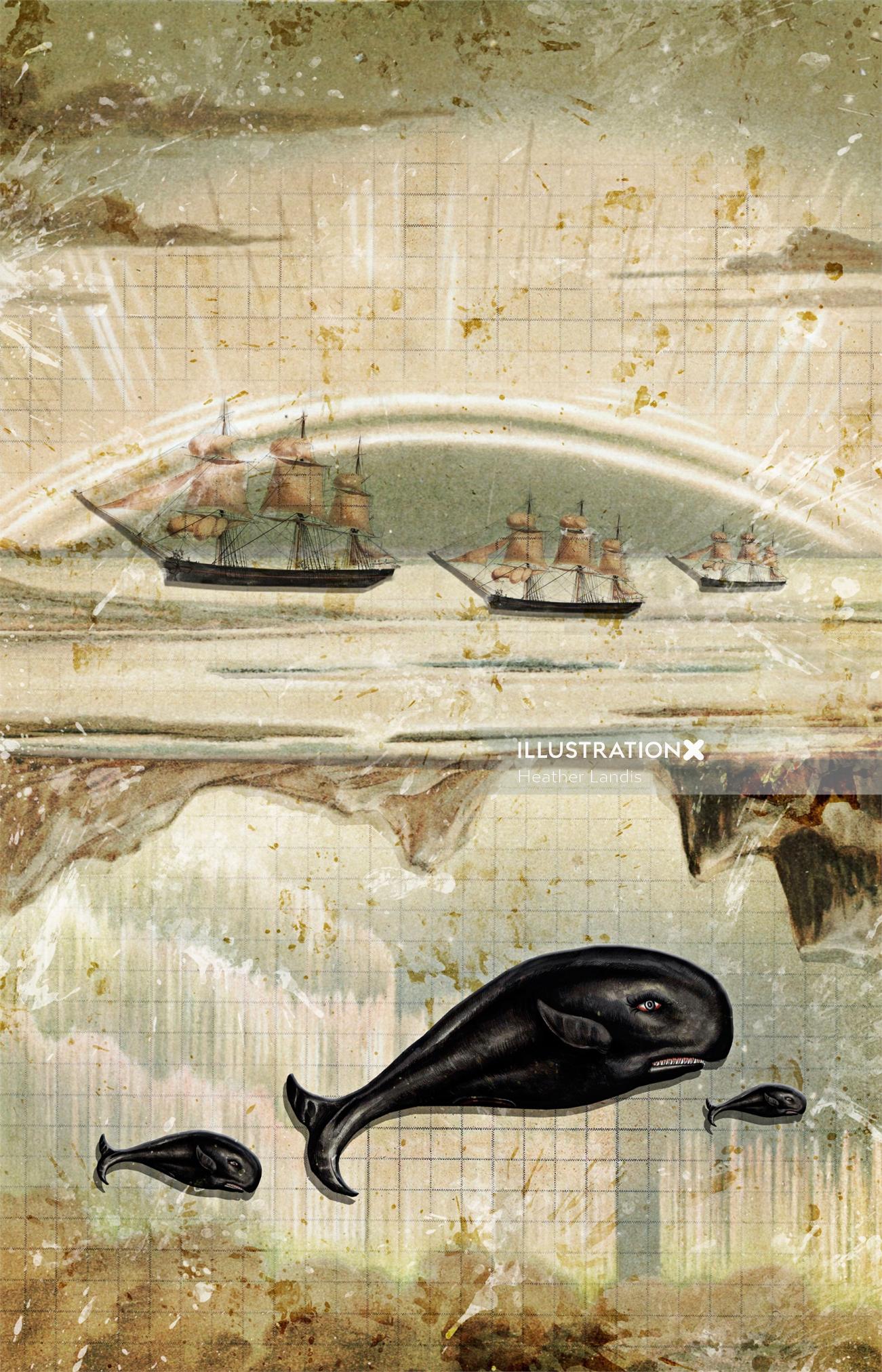 Uma ilustração de baleias e navios