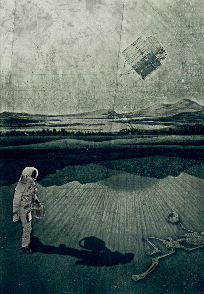 Astronaut on an alient planet with skelton beside
