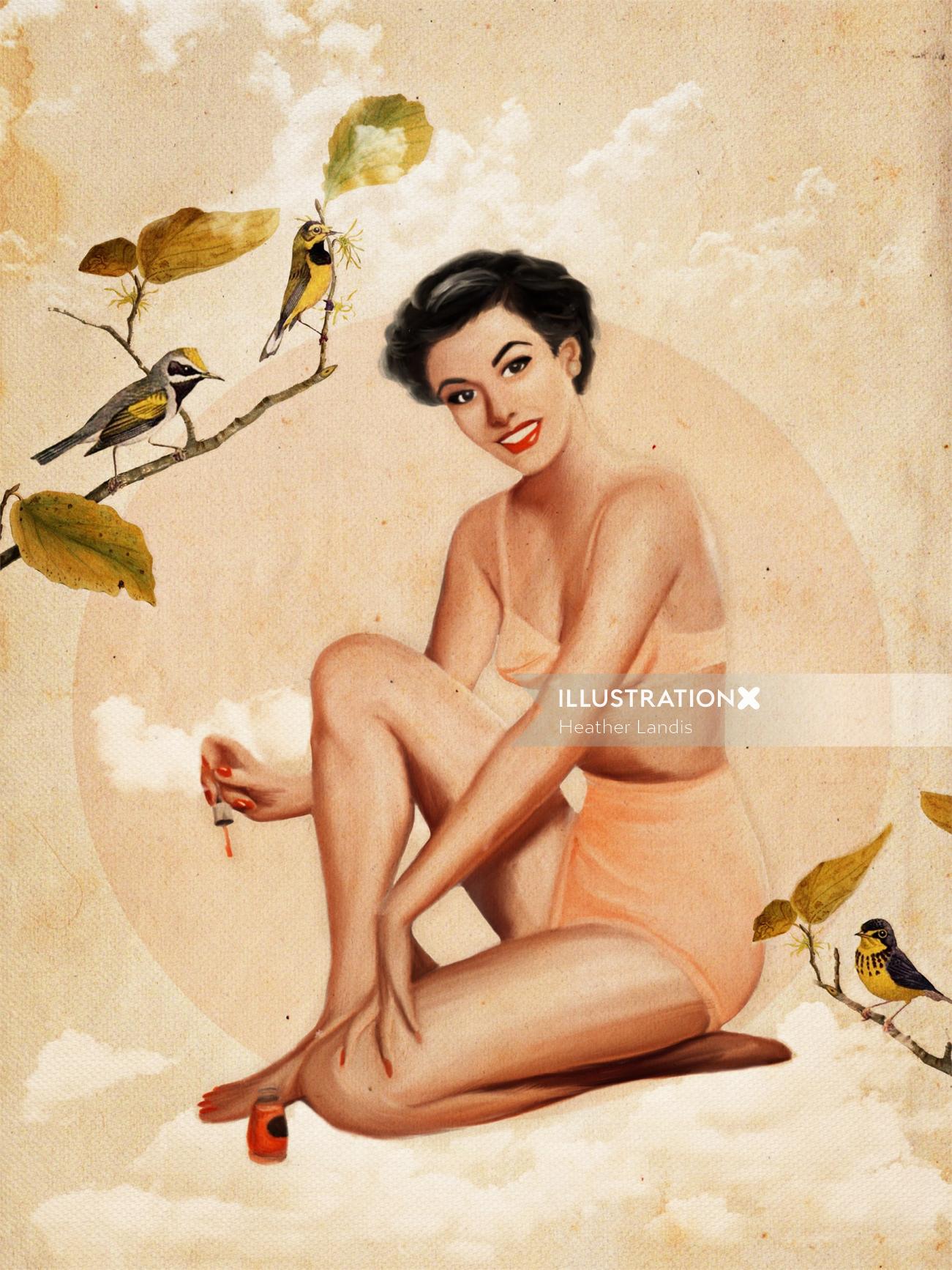 Lady sitting near birds illustration by Heather Landis