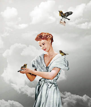 Uma ilustração de uma senhora segurando pássaros