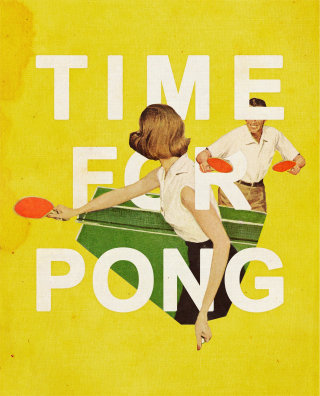 Casal jogando pingue-pongue, ilustração de Heather Landis