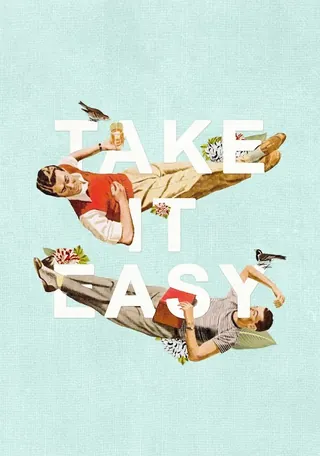 Take It Easy illustration by Heather Landis showing two men and a bird with text