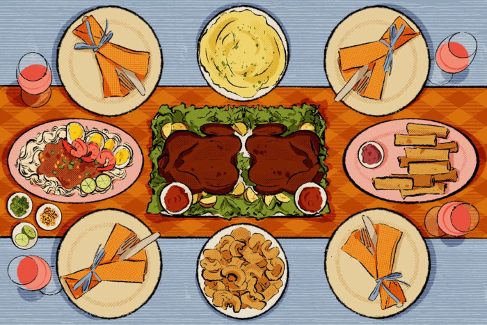 Arte apresentando itens do menu de Ação de Graças como comida