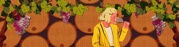 Person sipping wine beside wooden barrels with hanging grapes by Heedayah Lockman