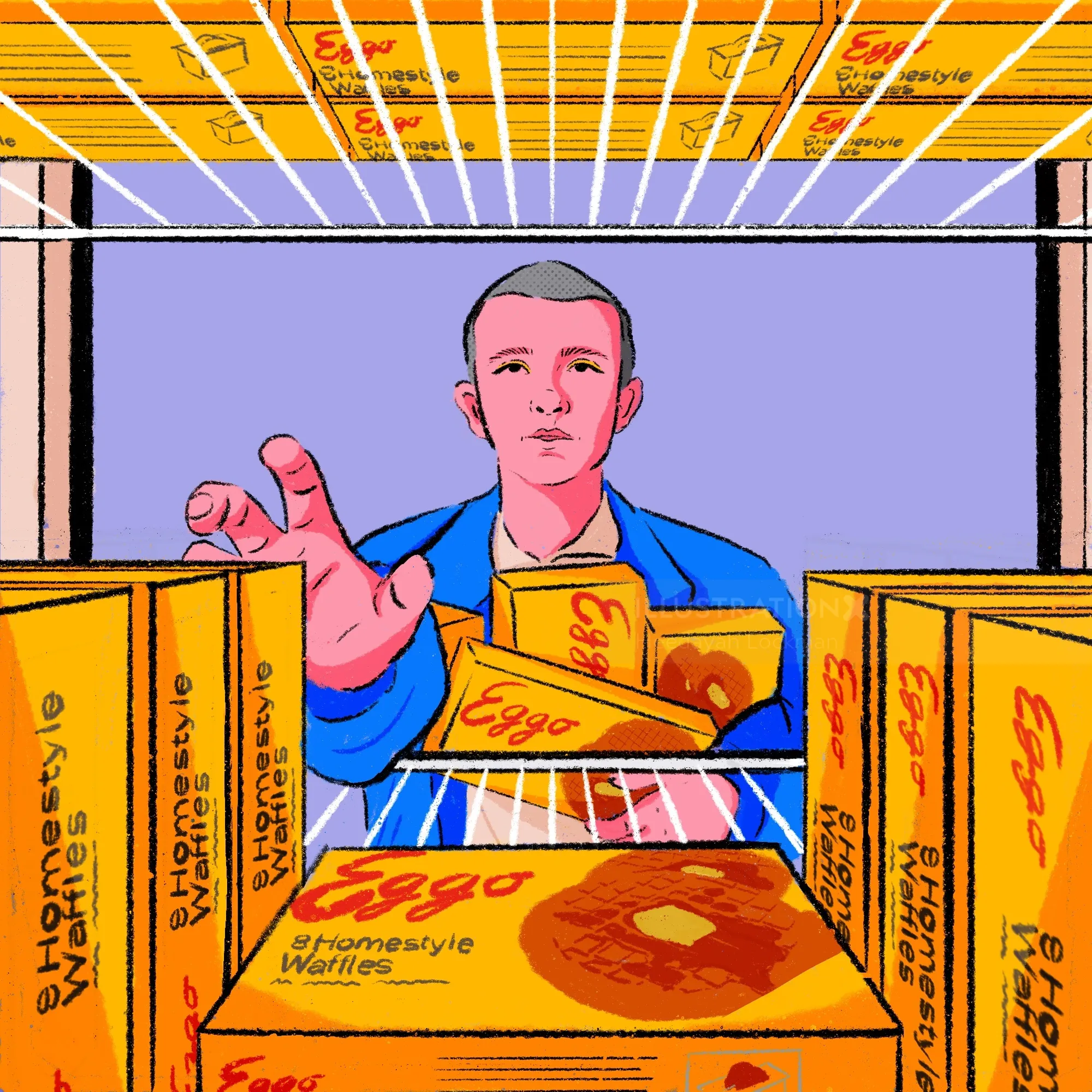 Illustration of Eleven reaching for Eggo waffles, artwork by Heedayah Lockman