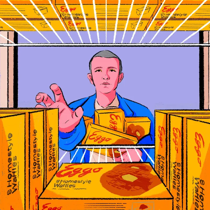 Illustration of Eleven reaching for Eggo waffles, artwork by Heedayah Lockman