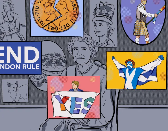 Illustration of Queen Elizabeth with Scottish independence flags, by Heedayah Lockman