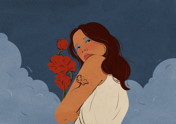 Boceto de una niña con flor roja.