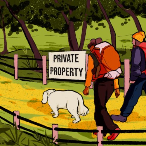 Two hikers walking near a private property sign with a dog by Heedayah Lockman