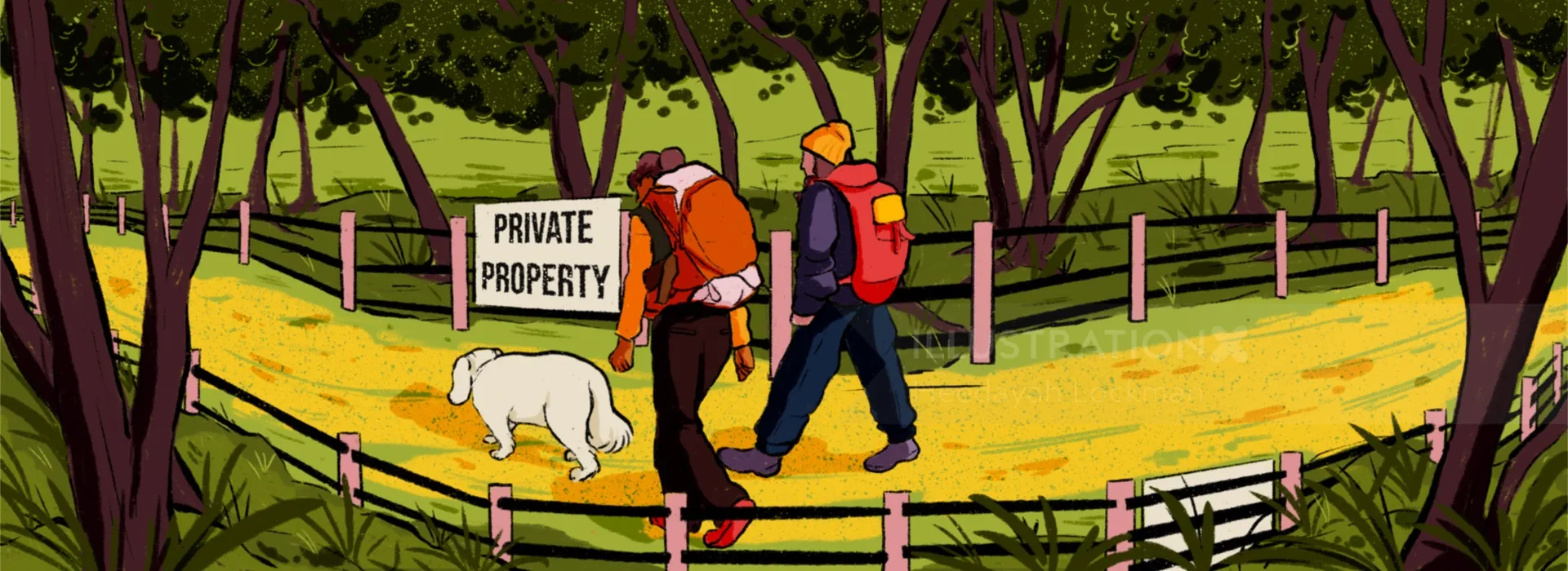 Two hikers walking near a private property sign with a dog by Heedayah Lockman