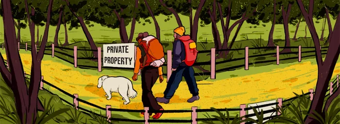 Two hikers walking near a private property sign with a dog by Heedayah Lockman