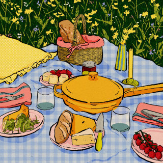 ネイチャーピクニック：カラフルな食べ物の盛り合わせの絵
