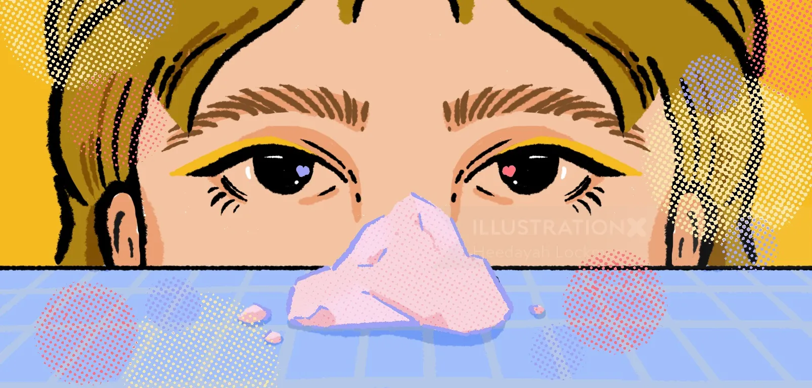 Illustration of a woman staring at a pink salt mound by Heedayah Lockman