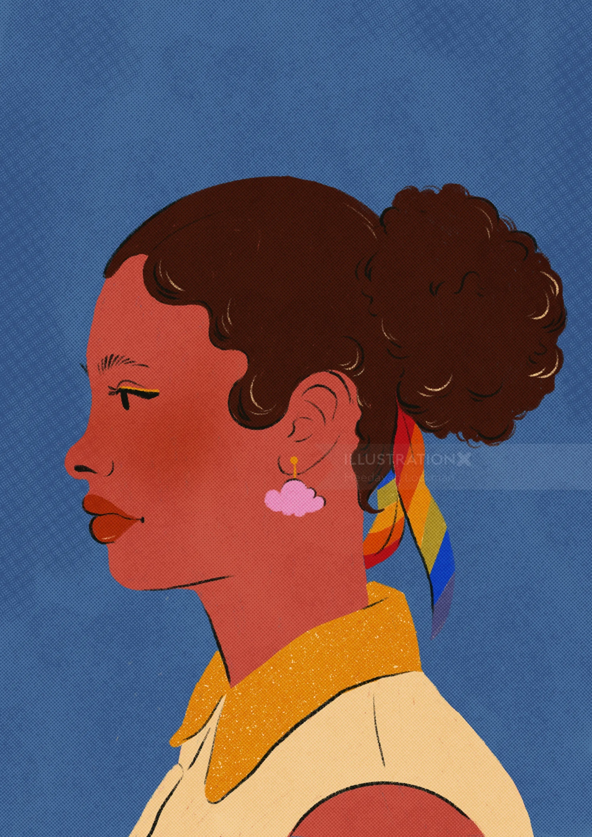 Side profile portrait of a woman with cloud earrings and rainbow ribbon by Heedayah Lockman