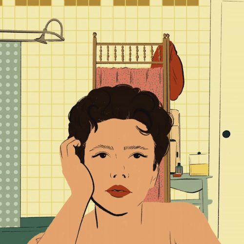 An animated image portraying a woman exhibiting laziness