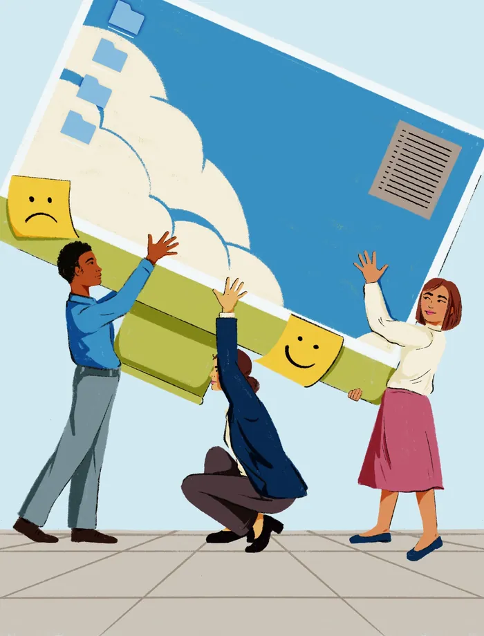 People holding smiley and sad face emojis under a cloud illustration