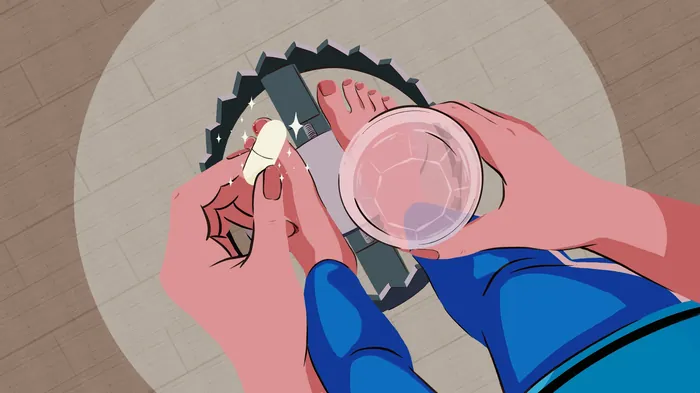 Hands holding a pill and a glass of water seen from above.