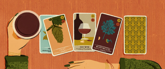 Tarot cards with a red wine theme