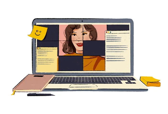 Laptop showing a video call with a woman's face and sticky notes around