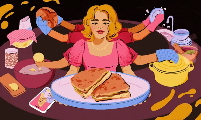 Woman multitasking cooking and serving pancakes with multiple arms