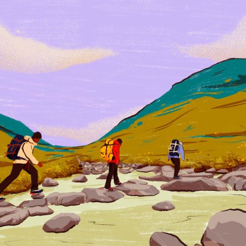 Three hikers crossing rocky landscape with hills and purple sky