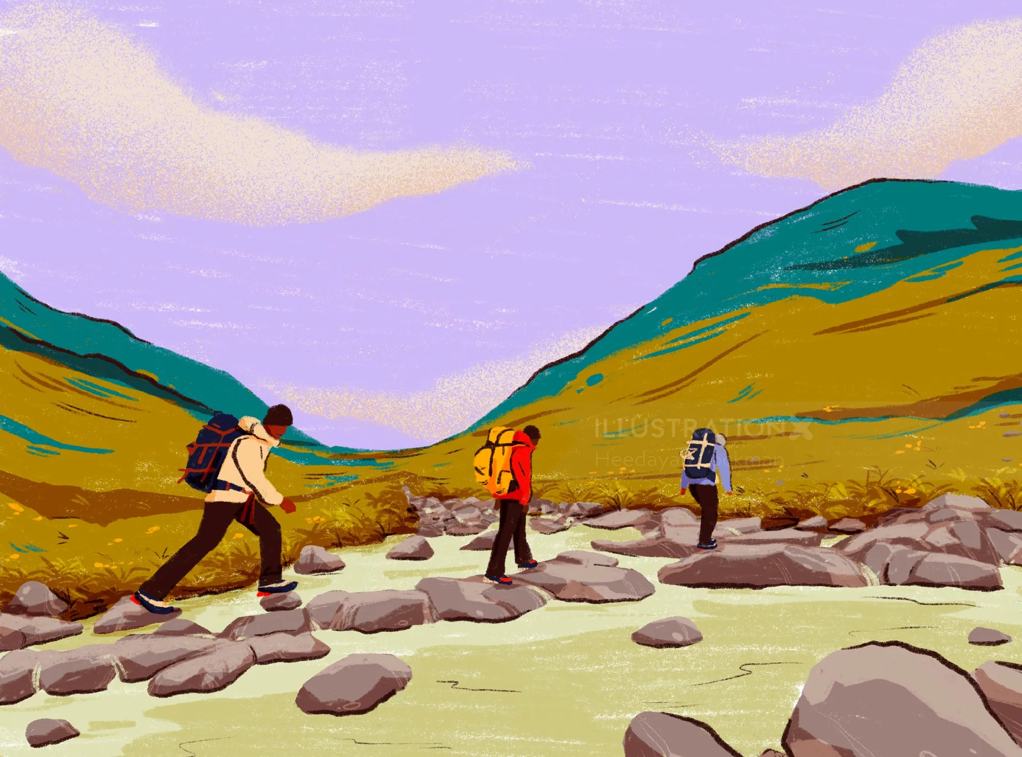 Three hikers crossing rocky landscape with hills and purple sky