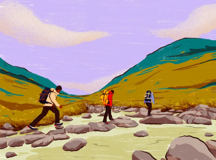 Three hikers crossing rocky landscape with hills and purple sky