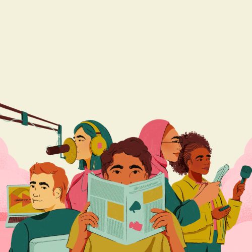 Group of four diverse people involved in reading, gaming, and recording