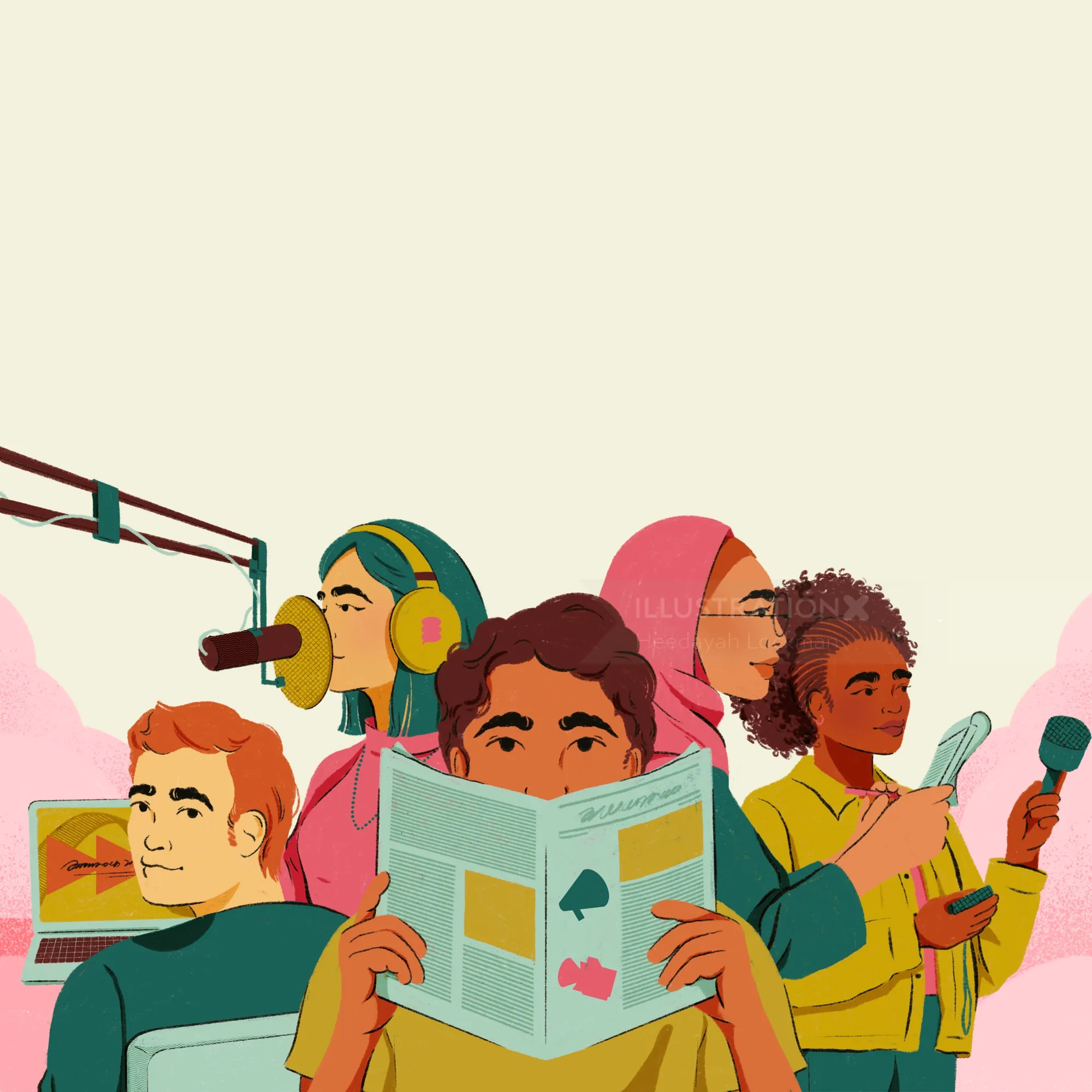Group of four diverse people involved in reading, gaming, and recording