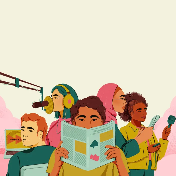 Group of four diverse people involved in reading, gaming, and recording