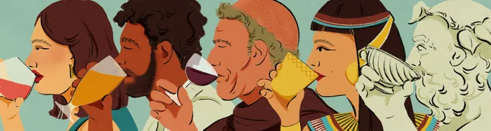 Illustration of diverse people drinking different drinks in a row