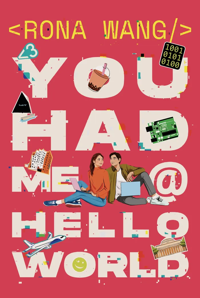 Two people sitting with laptop surrounded by tech icons and large text on red background