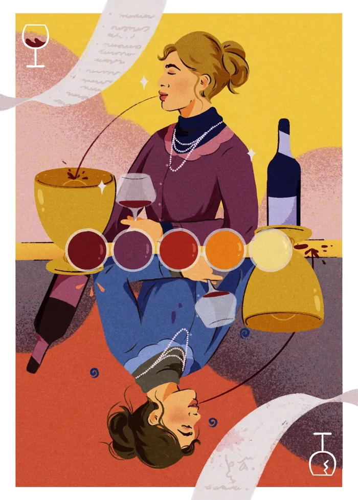 Woman and man with wine glasses and bottles in colorful illustration