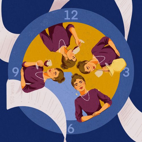 Four women tasting and spitting wine inside clock face illustration by Heedayah Lockman
