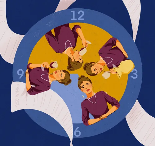 Four women tasting and spitting wine inside clock face illustration by Heedayah Lockman
