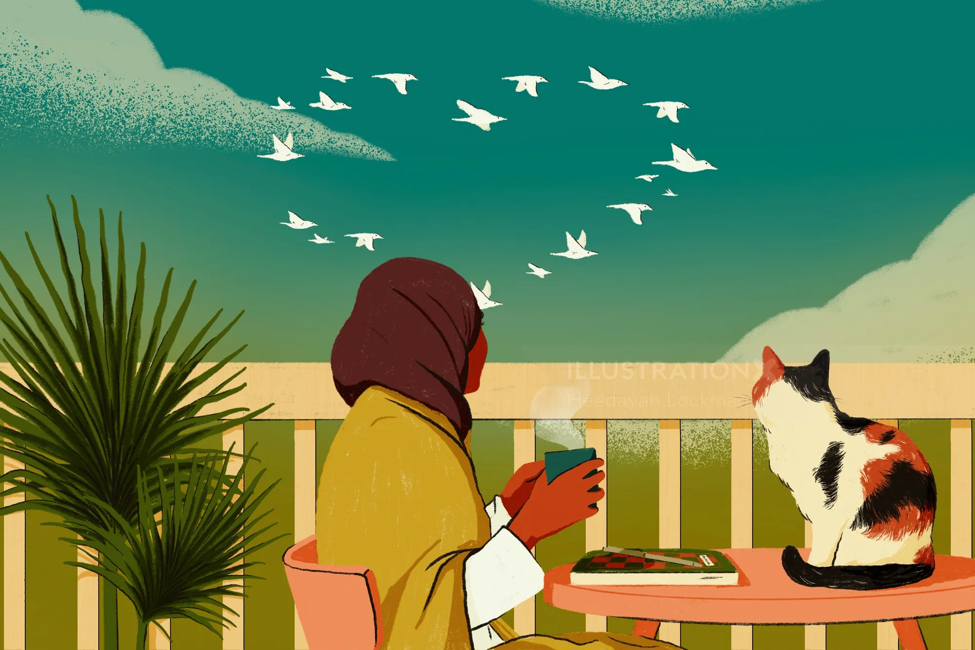 Person in headscarf sitting outdoors with cat and birds flying above.