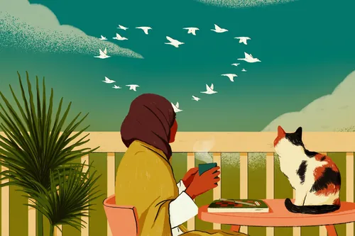 Person in headscarf sitting outdoors with cat and birds flying above.