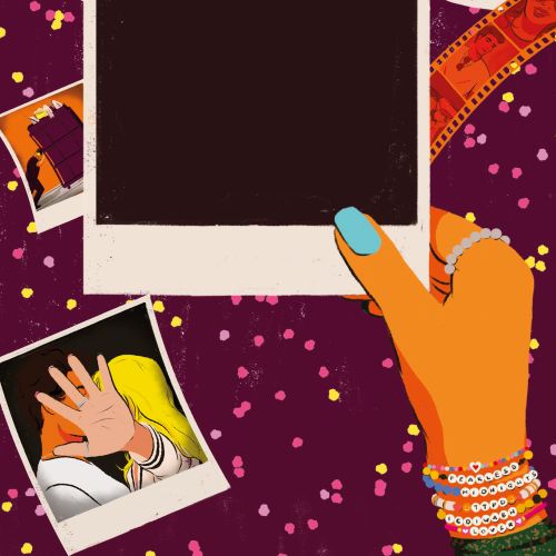 Hand holding blank instant photo with disco ball, film strips, and confetti