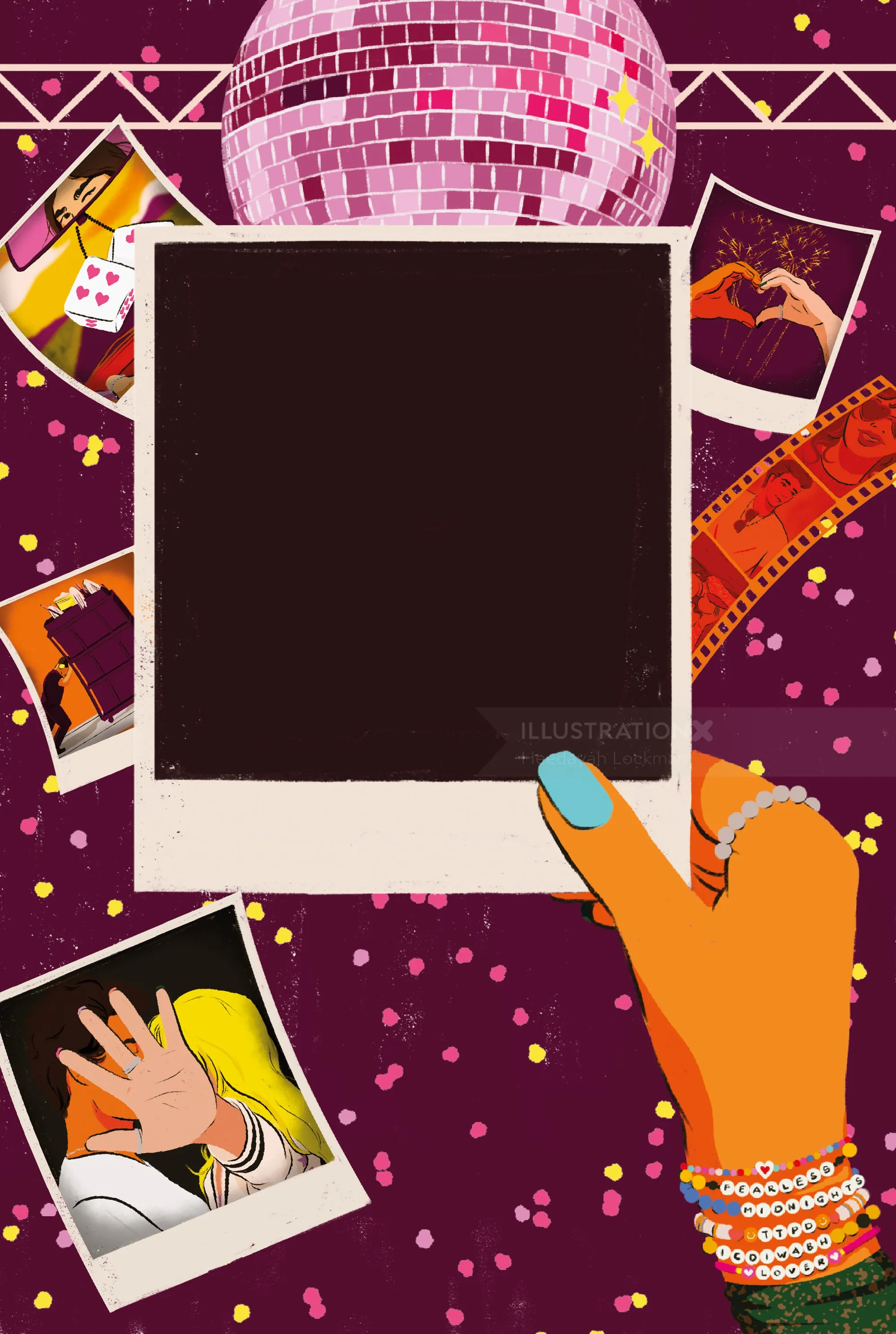 Hand holding blank instant photo with disco ball, film strips, and confetti